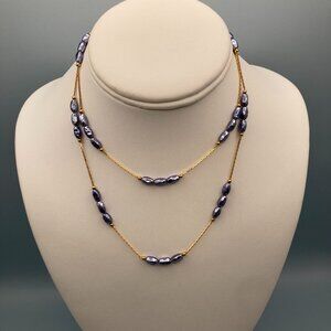 Single Strand  Freshwater Pearl Necklace  Blue Seed Pearls w/Tiny Gold Beads 30"